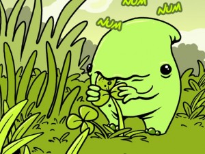 Little green guy there knows that the grass is plentiful and the clover is scarce. Which one does he eat?