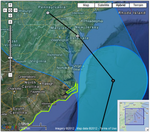 Hurricane Sandy (2012) five-day predicted storm track, Advisory #017A, 2:00pm EDT Friday 26 October 2012. Not shown: the nor'easter she may merge with. Bleah.